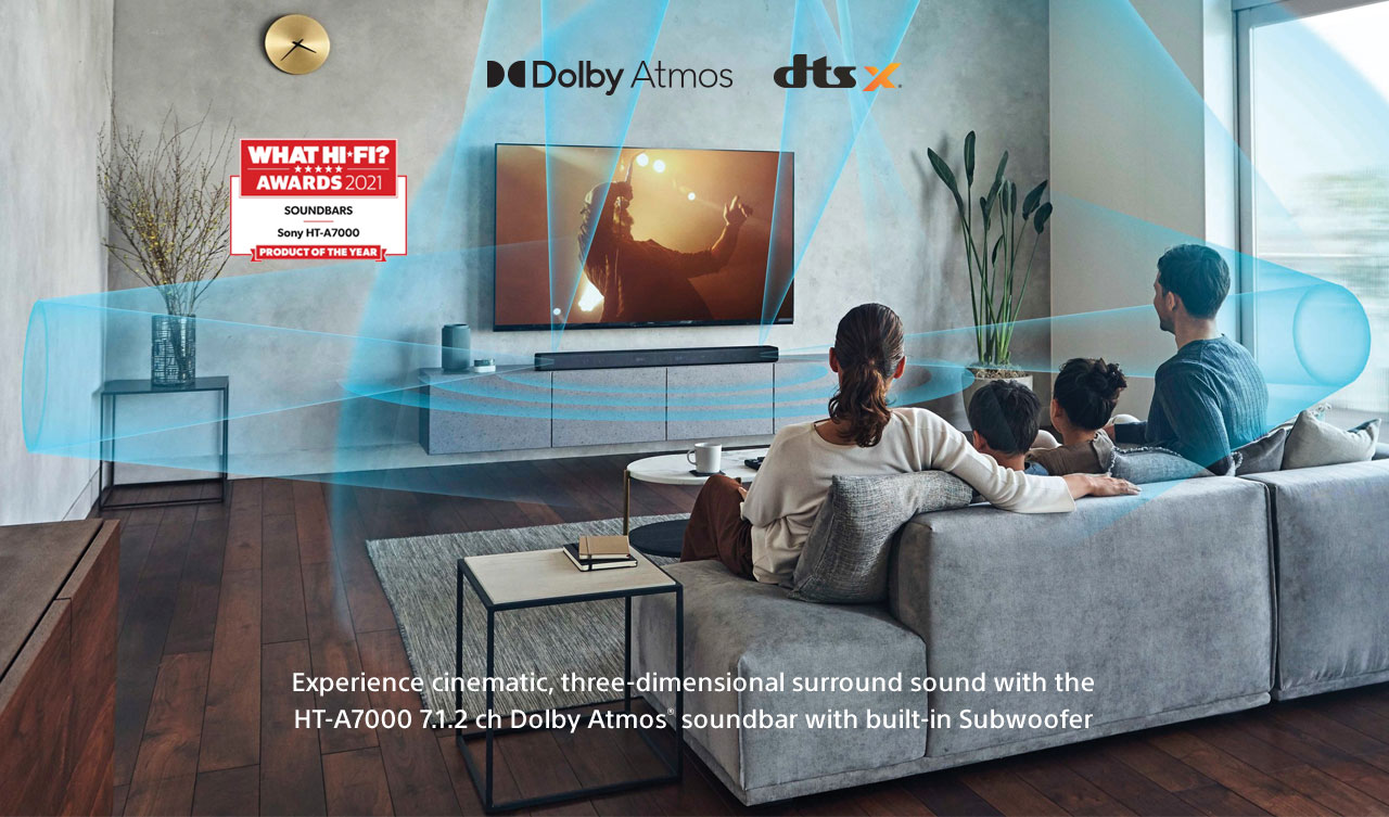 Experience cinematic, three-dimensional surround sound with the HT-A7000 Dolby Atmos soundbar with built-in Subwoofer.